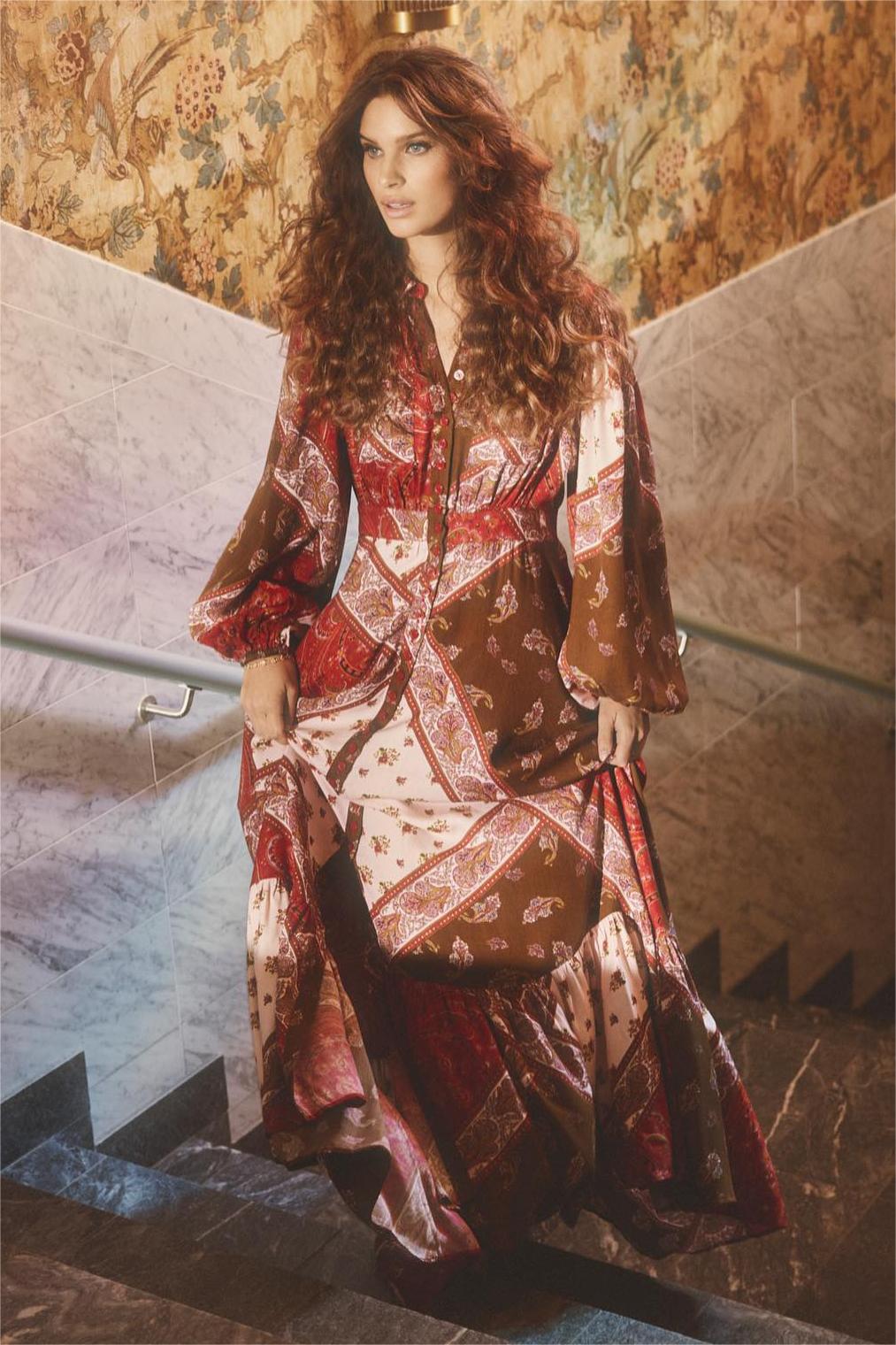 Botanical Print Lantern Sleeve Midi Dress