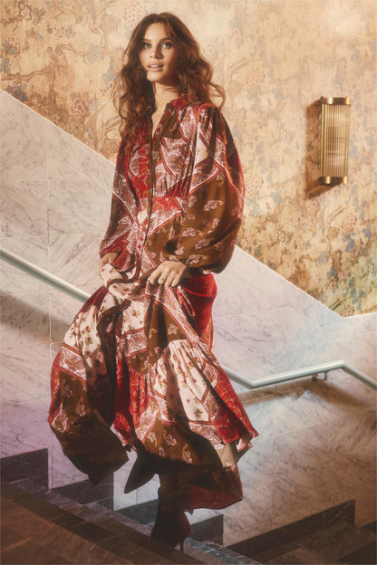 Botanical Print Lantern Sleeve Midi Dress