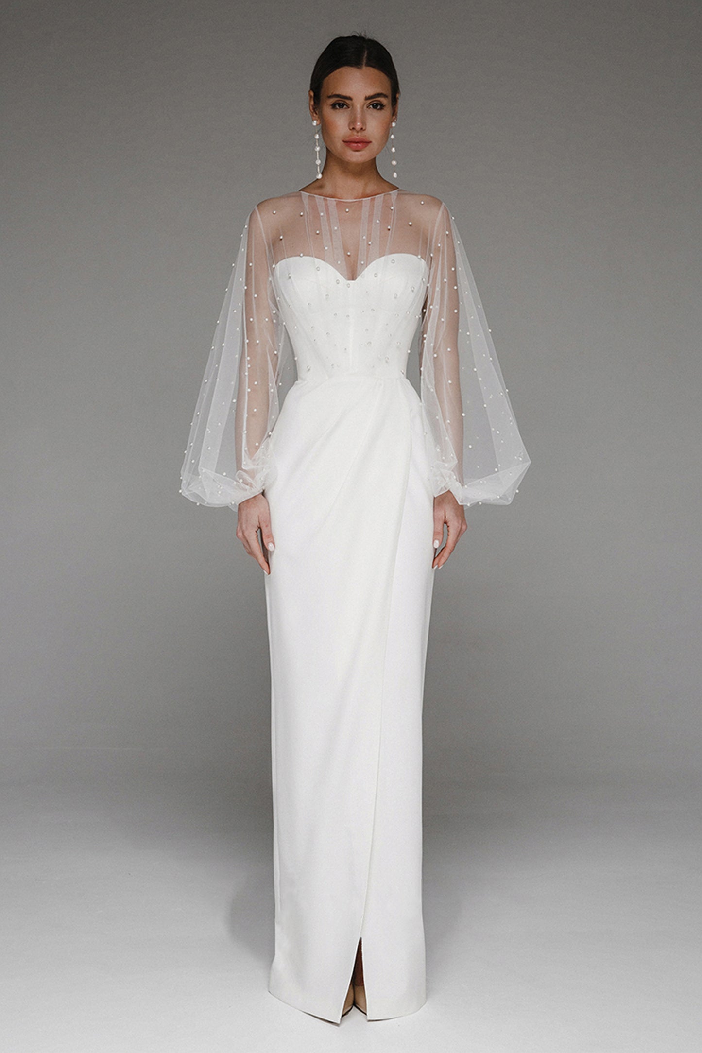 Faux Pearl Lantern Sleeve Midi Dress