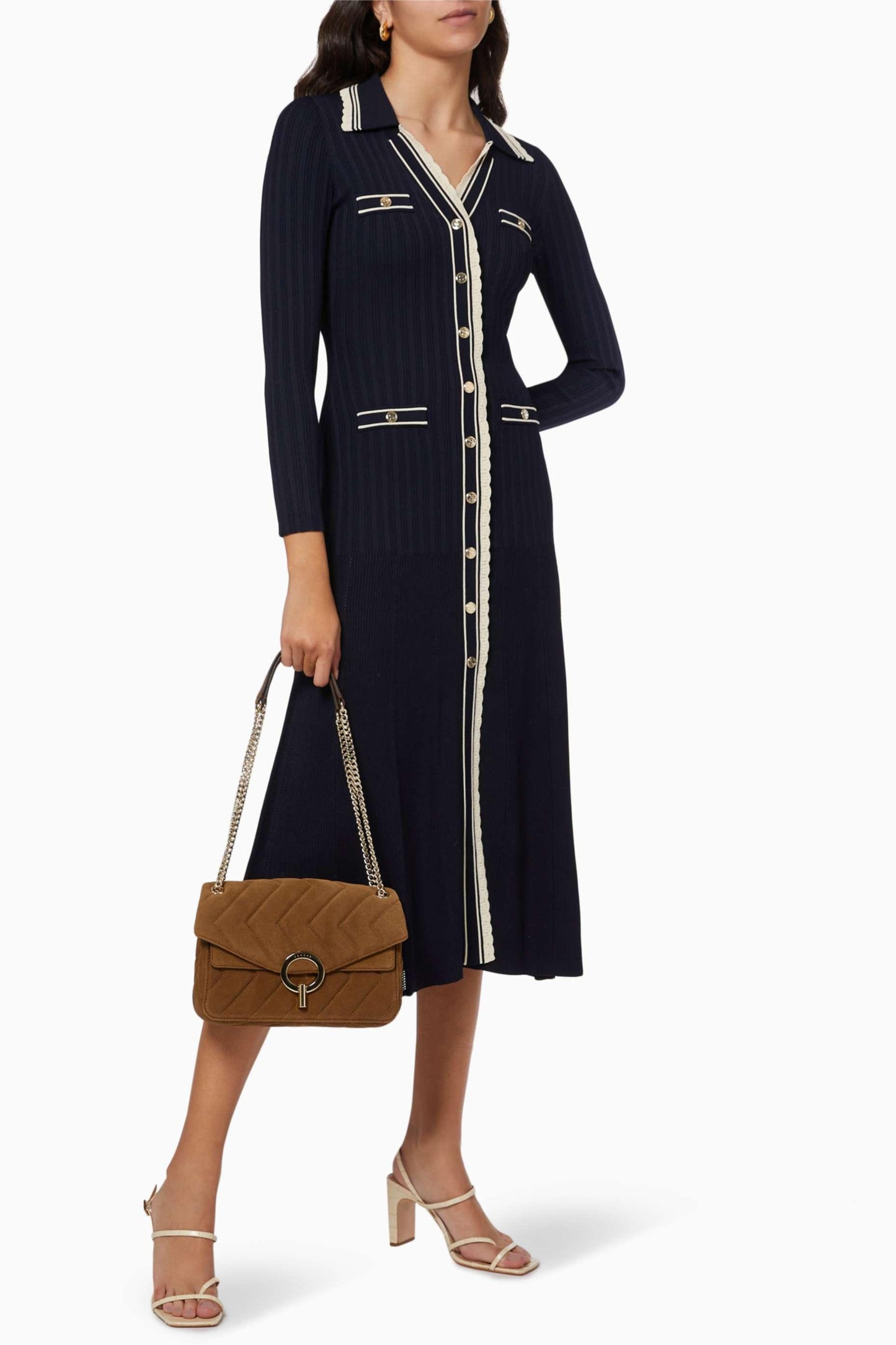 Jersey Metal Button Long Sleeve Midi Dress