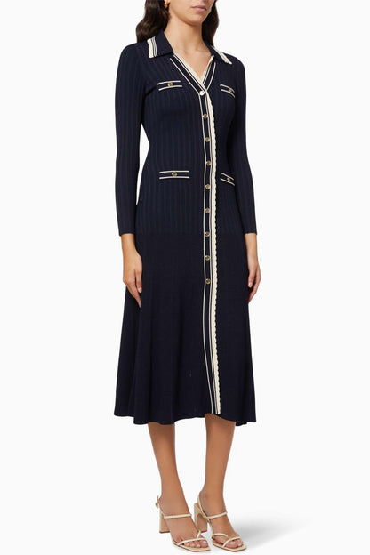 Jersey Metal Button Long Sleeve Midi Dress