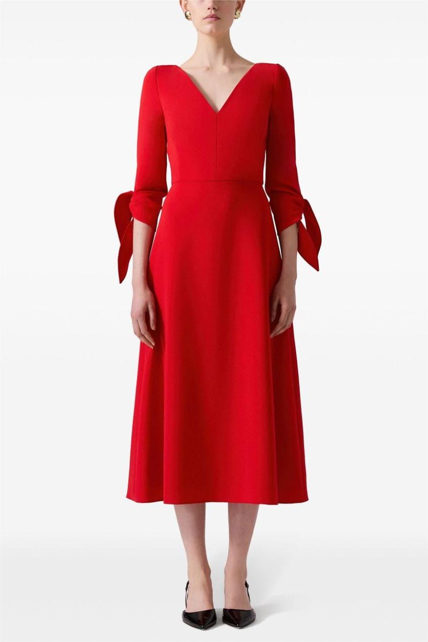 Solid V-Neck Lace Up Midi Dress