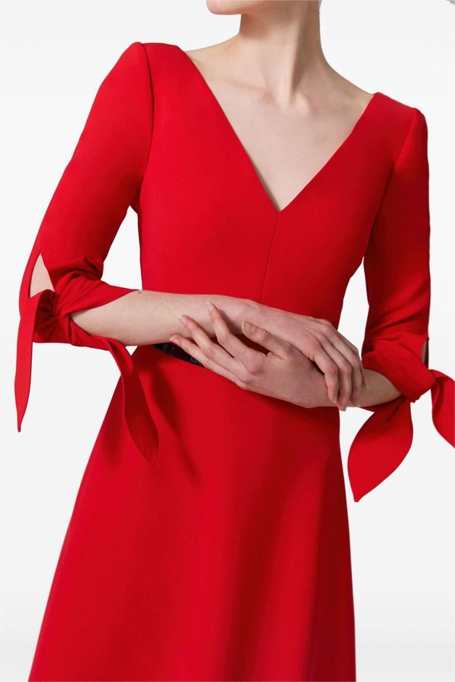 Solid V-Neck Lace Up Midi Dress