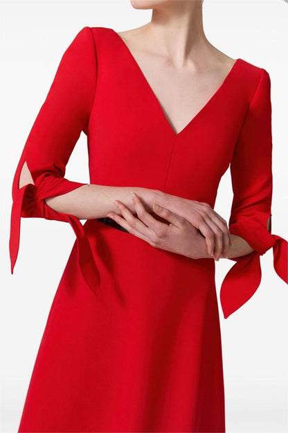 Solid V-Neck Lace Up Midi Dress