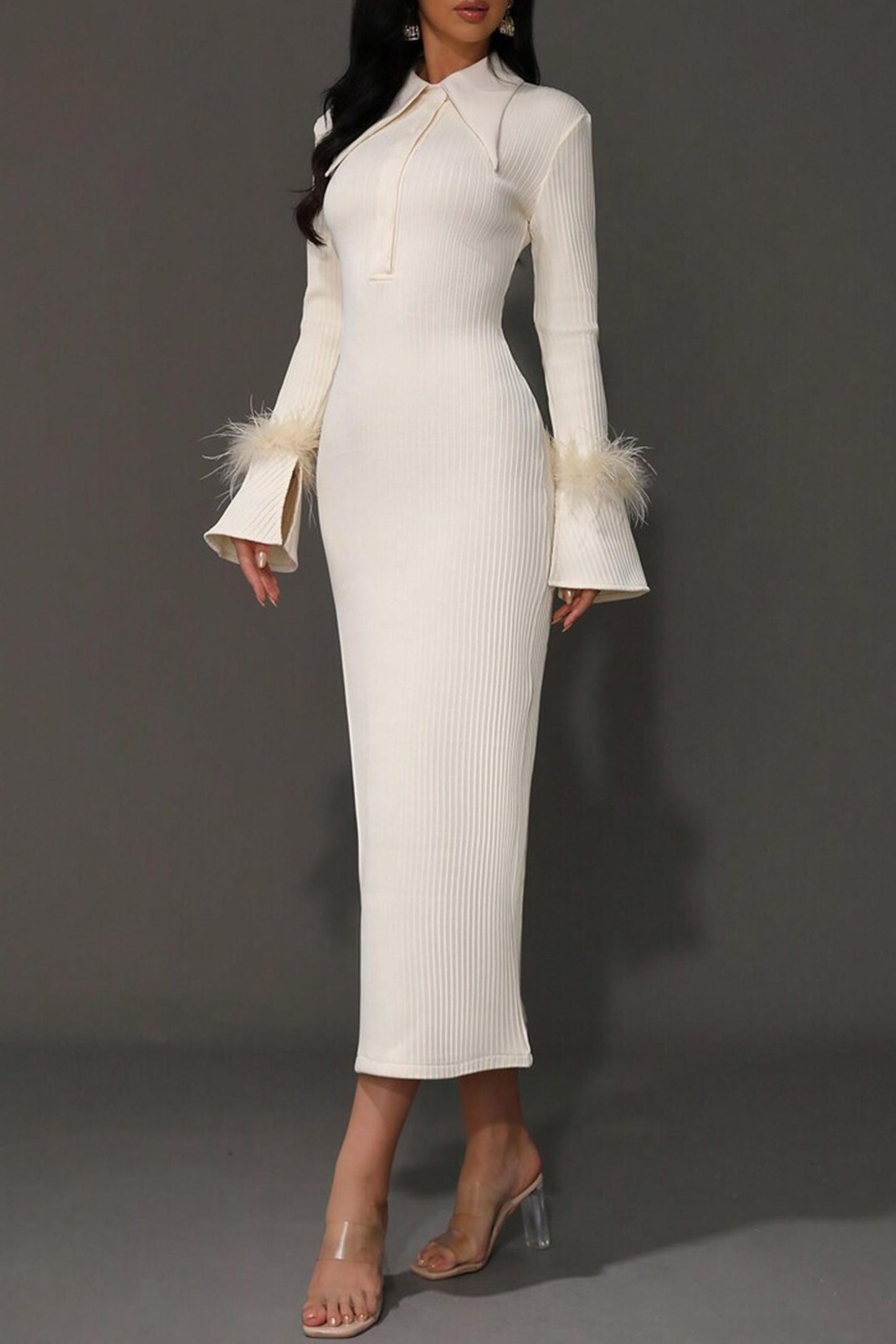 Jersey Feather Long Sleeve Midi Dress