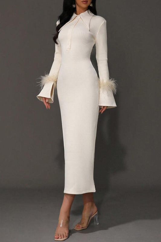 Jersey Feather Long Sleeve Midi Dress