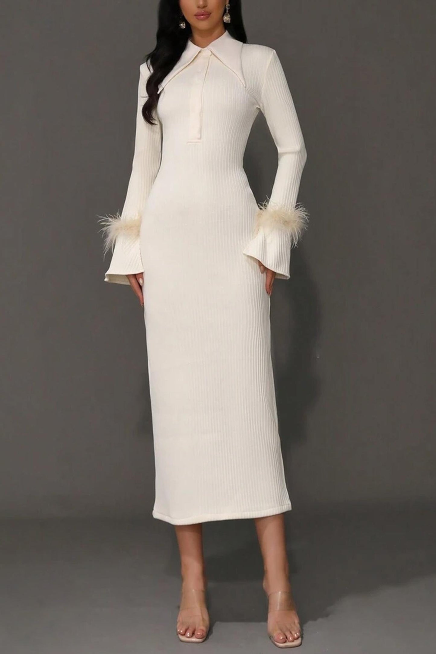 Jersey Feather Long Sleeve Midi Dress