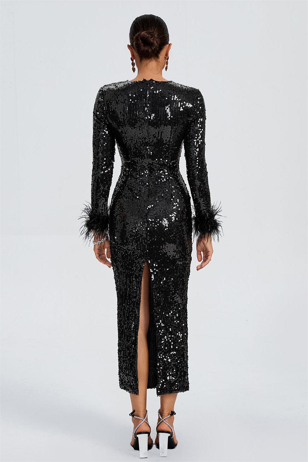 Sequin Feather Long Sleeve Midi Dress