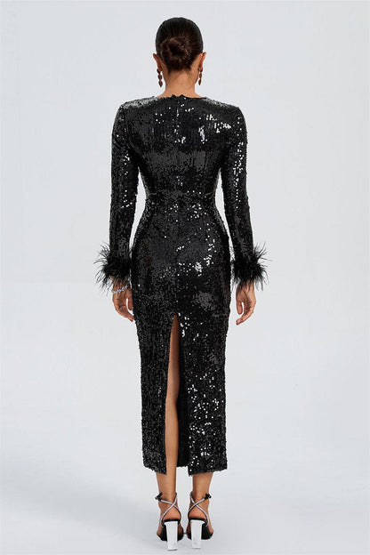 Sequin Feather Long Sleeve Midi Dress