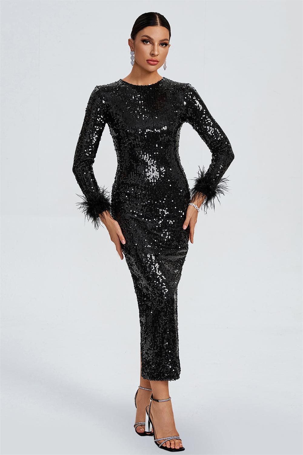 Sequin Feather Long Sleeve Midi Dress