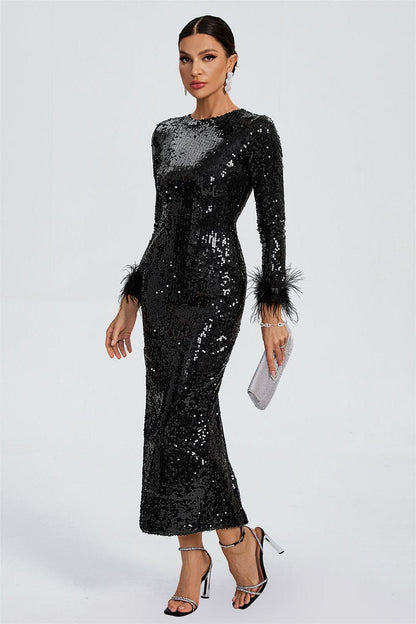 Sequin Feather Long Sleeve Midi Dress