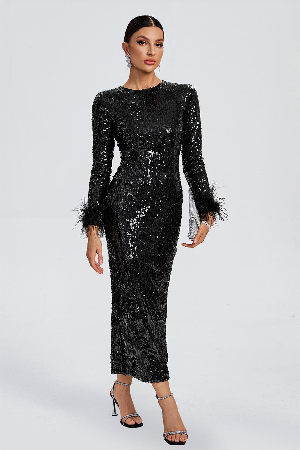 Sequin Feather Long Sleeve Midi Dress