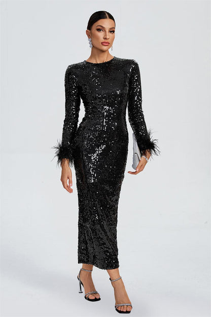 Sequin Feather Long Sleeve Midi Dress