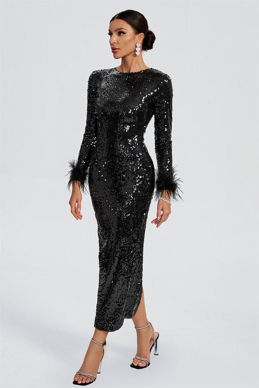 Sequin Feather Long Sleeve Midi Dress