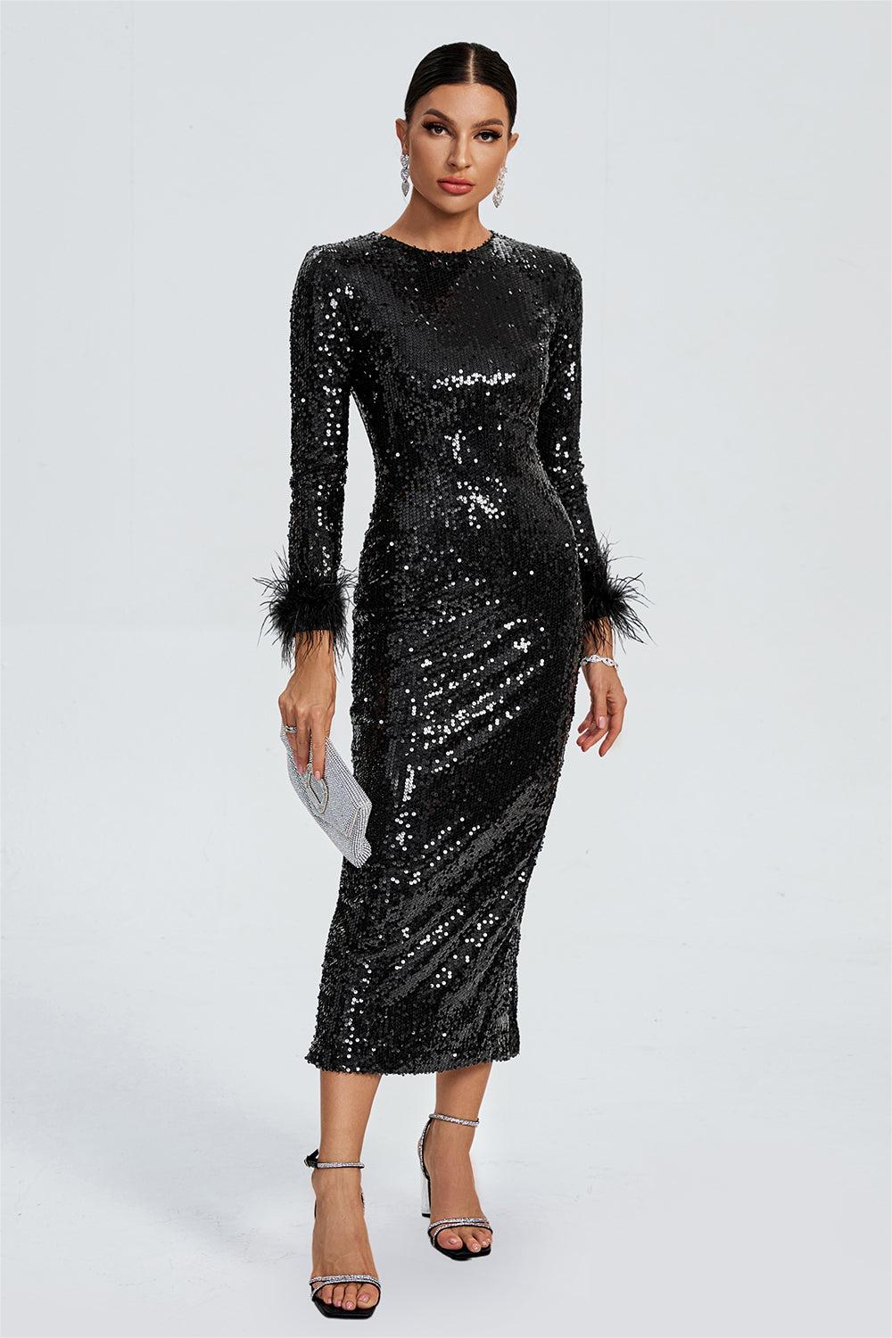 Sequin Feather Long Sleeve Midi Dress