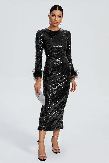 Sequin Feather Long Sleeve Midi Dress