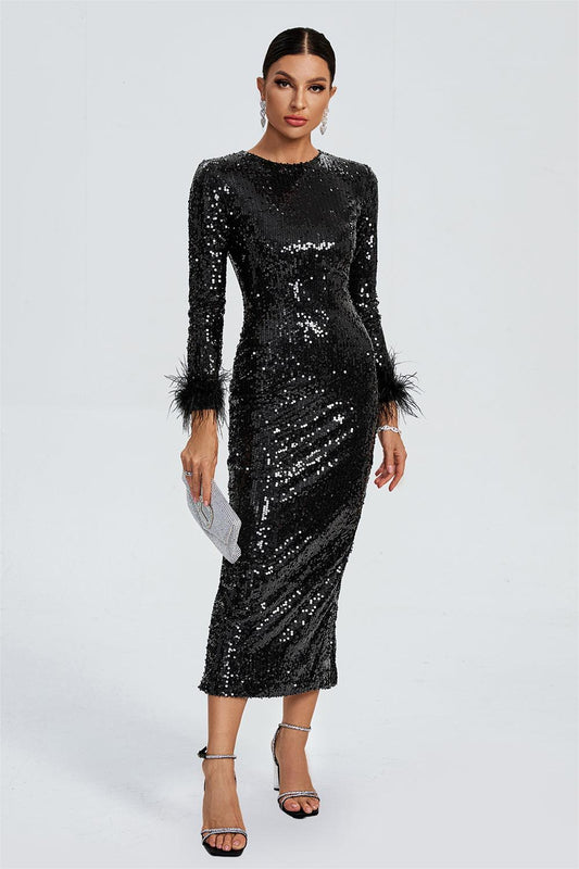 Sequin Feather Long Sleeve Midi Dress