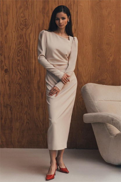 Asymmetrical Neck Ruched Long Sleeve Midi Dress