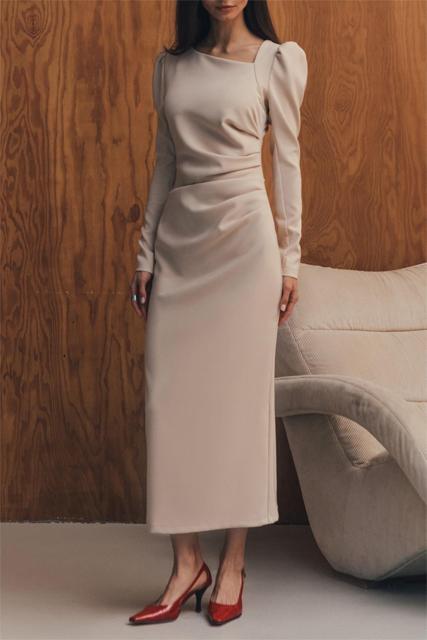 Asymmetrical Neck Ruched Long Sleeve Midi Dress
