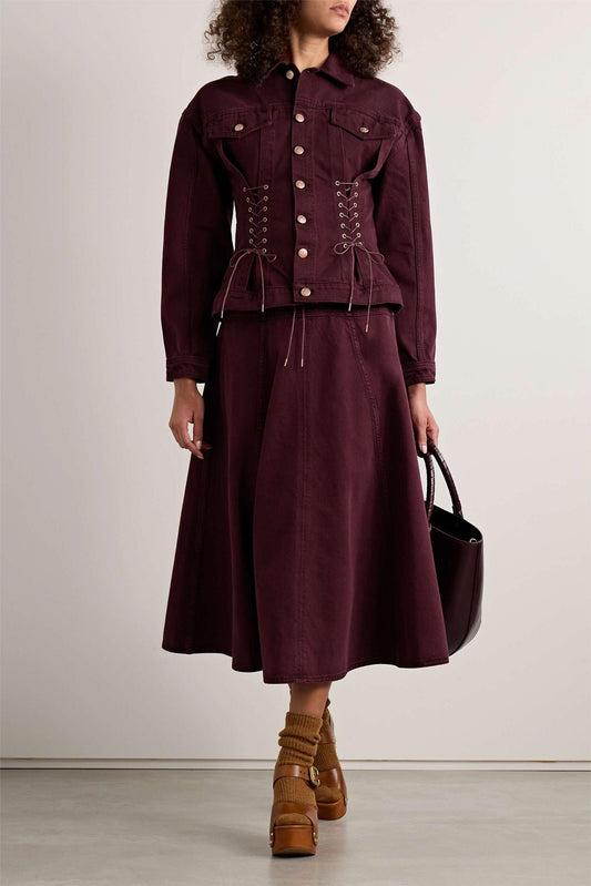 Denim Lace Up Coat & Hight Waist Midi Skirt Set