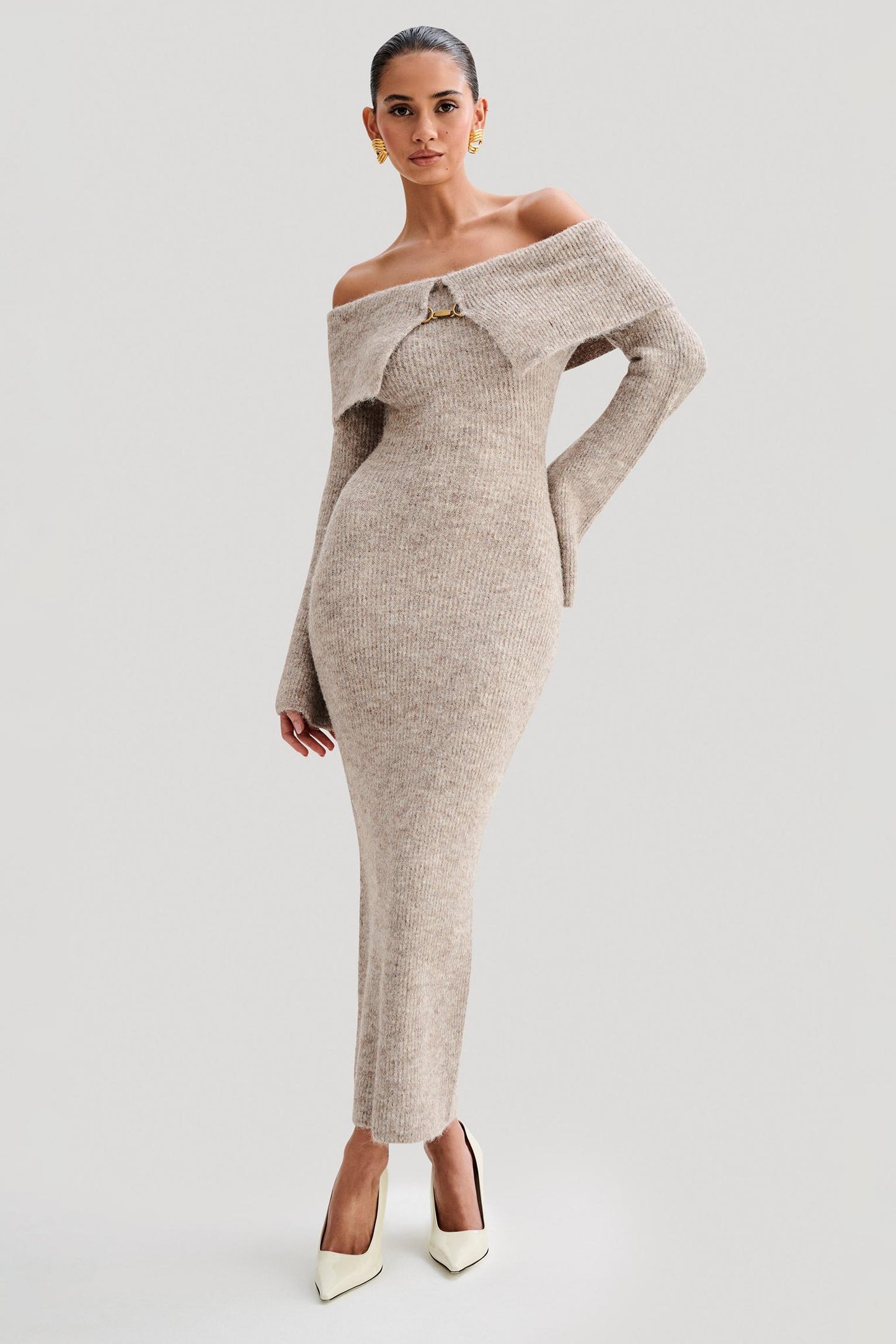 Solid Knit Off-Shoulder Midi Dress