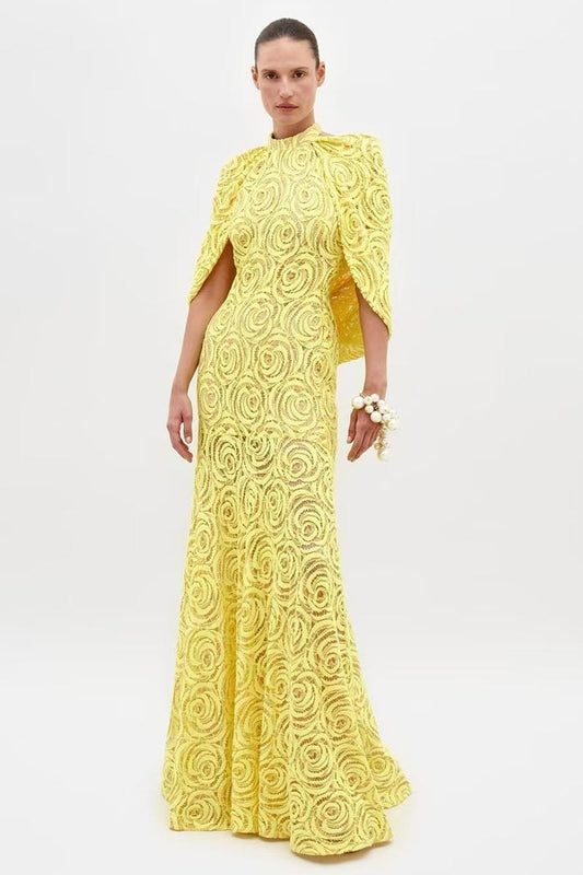 Embroidered Cape Halter Neck Maxi Dress