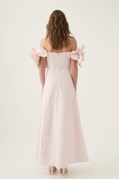 3D Flower Solid Off-Shoulder Midi Dress