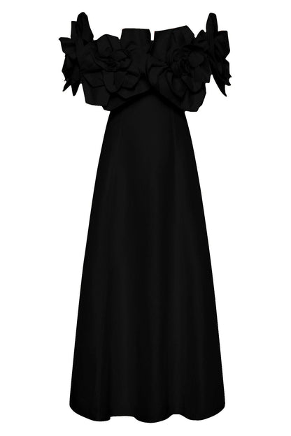 3D Flower Solid Off-Shoulder Midi Dress