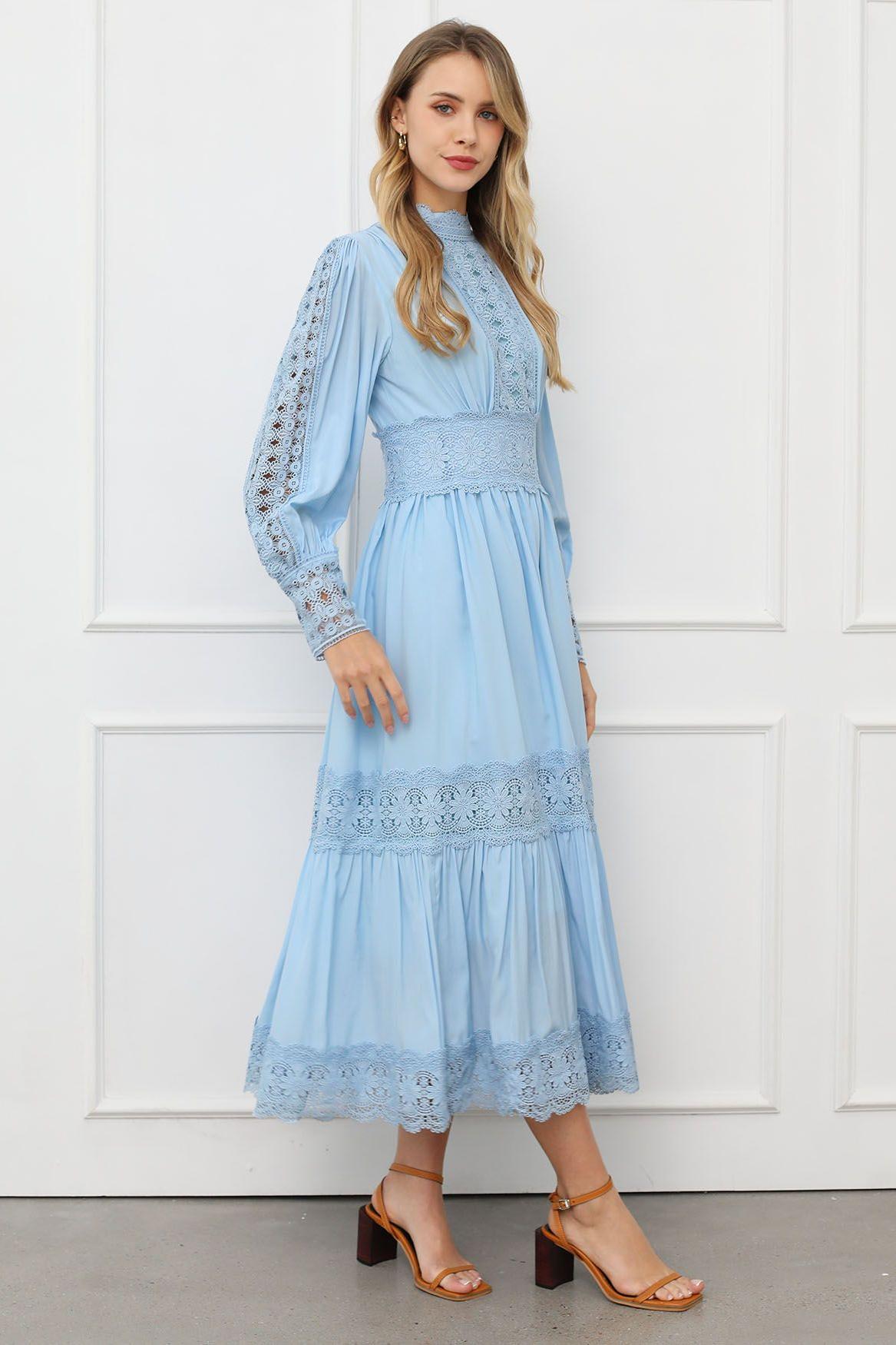 Lace Lantern Sleeve Solid Midi Dress