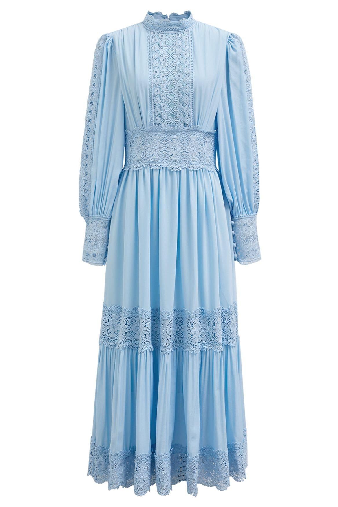 Lace Lantern Sleeve Solid Midi Dress