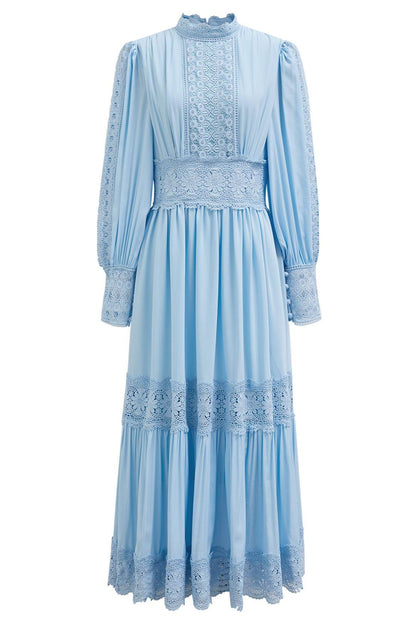 Lace Lantern Sleeve Solid Midi Dress