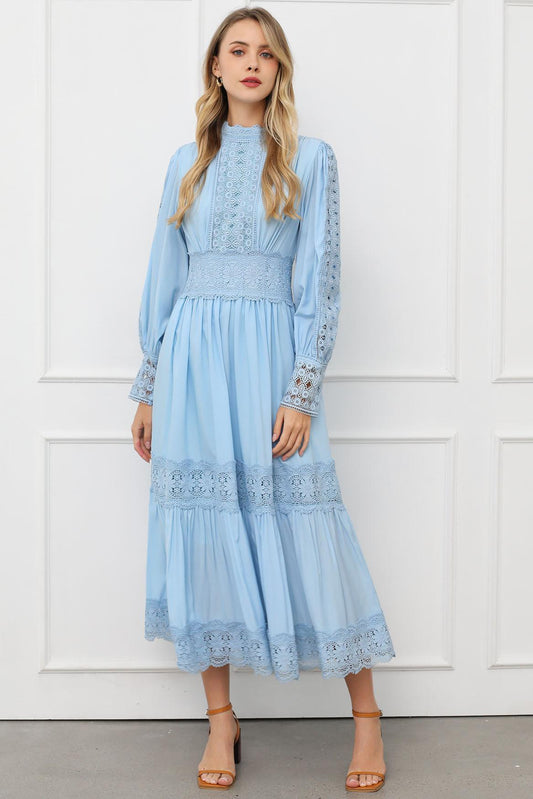 Lace Lantern Sleeve Solid Midi Dress
