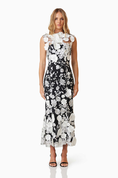 3D Flower Round Neck Sleeveless Midi Dress