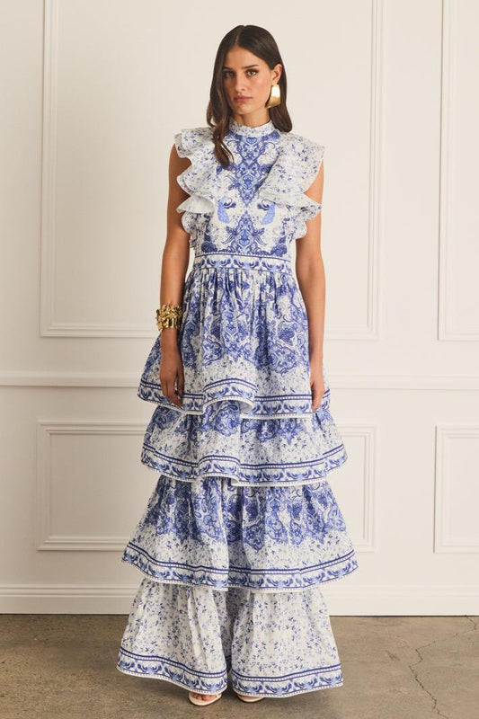 Paisley Print Ruffle Sleeveless Midi Dress