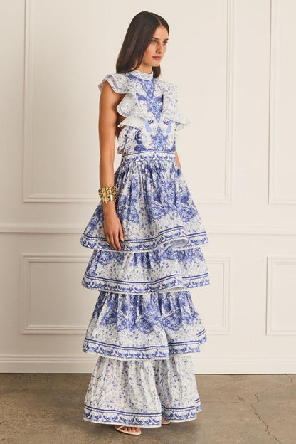 Paisley Print Ruffle Sleeveless Midi Dress