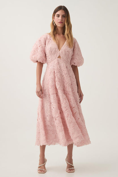 V-Neck Puff Sleeve Cut-Out Midi Dress