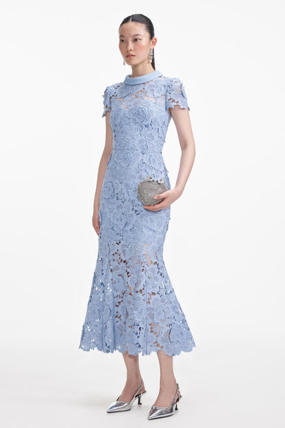Lace Round Neck Short Sleeve Midi Dress