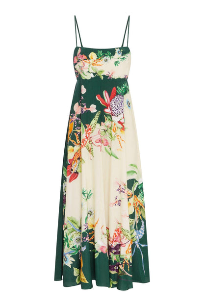 Botanical Print Smocking Slip Midi Dress