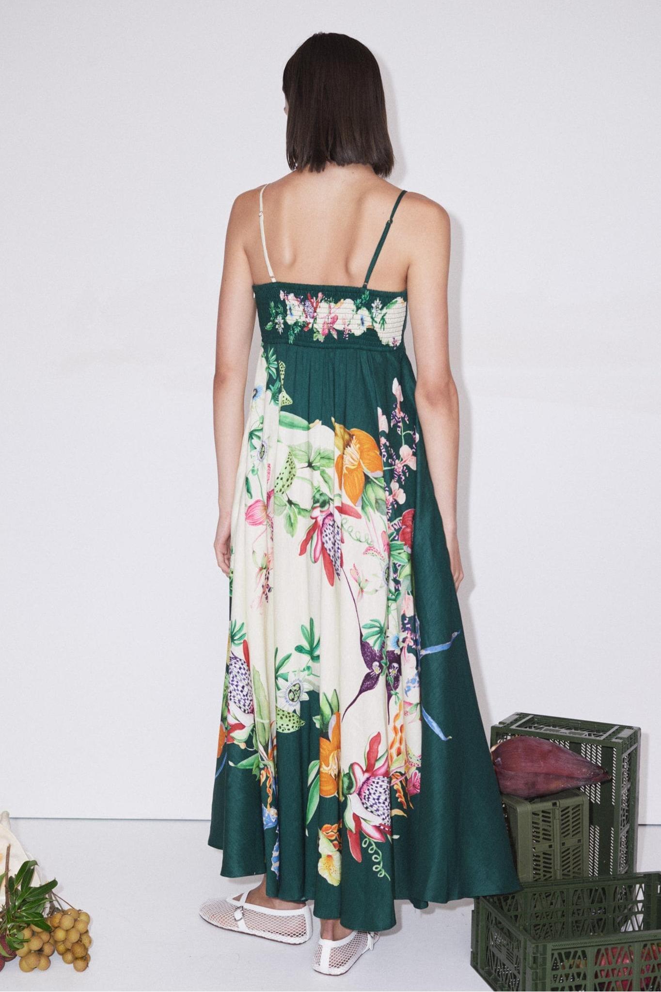 Botanical Print Smocking Slip Midi Dress