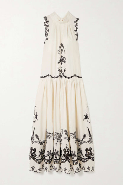 Halter Neck Embroidery Sleeveless Midi Dress