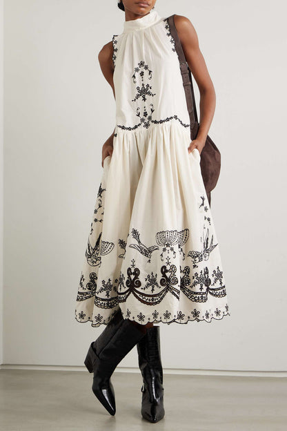 Halter Neck Embroidery Sleeveless Midi Dress