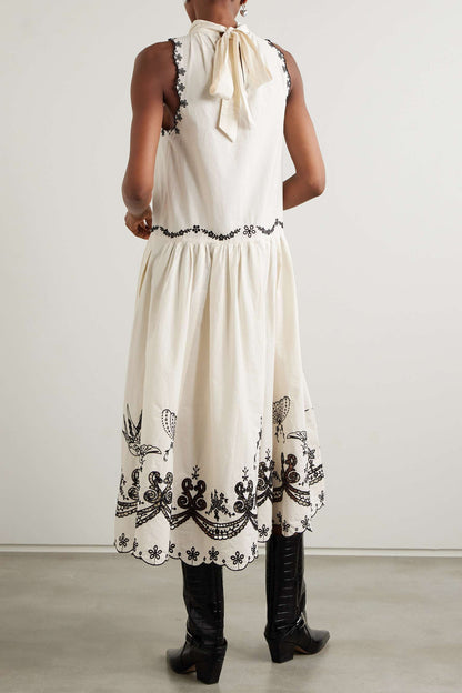 Halter Neck Embroidery Sleeveless Midi Dress