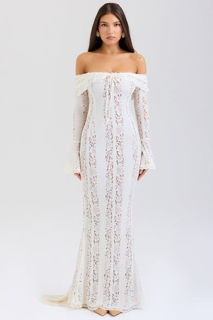 Lace Solid Off-Shoulder Midi Dress