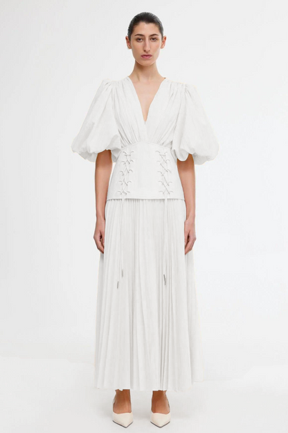 Solid Pleated Lace Up Midi Dress