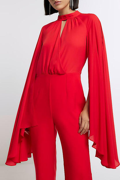 Solid Cape Sleeve Top ＆ Mid Waist Pants Set