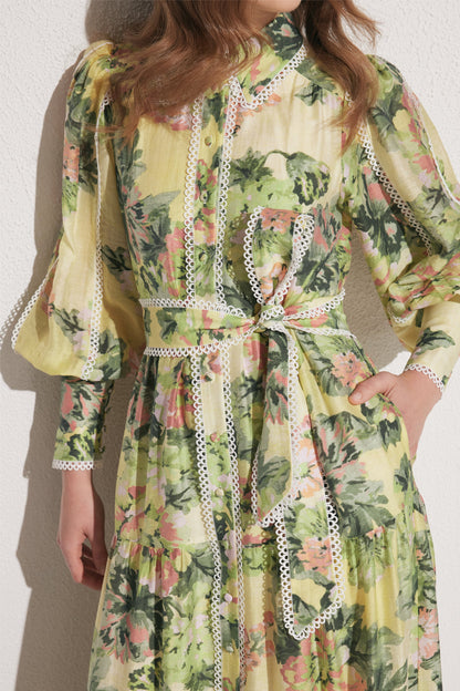 Floral Lace Lantern Sleeve Midi Dress