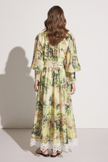 Floral Lace Lantern Sleeve Midi Dress