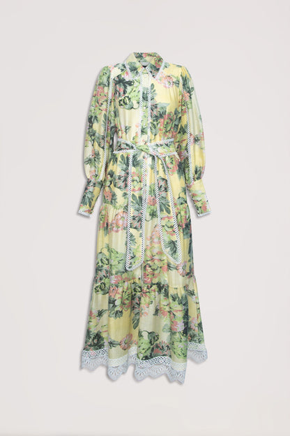 Floral Lace Lantern Sleeve Midi Dress