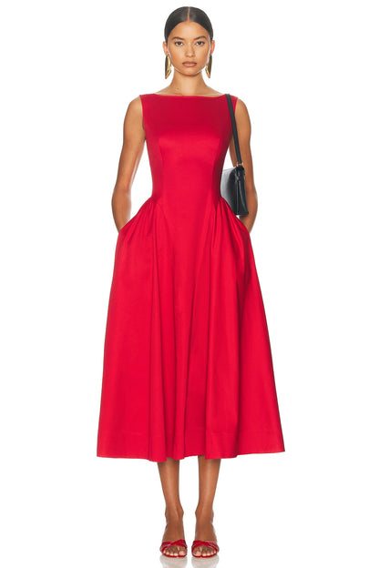 Solid Sleeveless Pocket Midi Dress