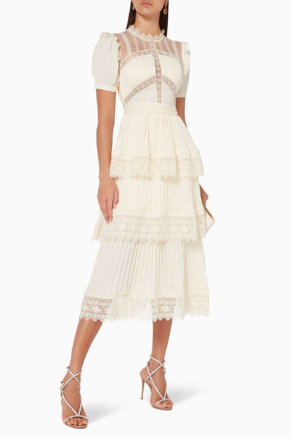 Solid Lace Ruffle Midi Dress